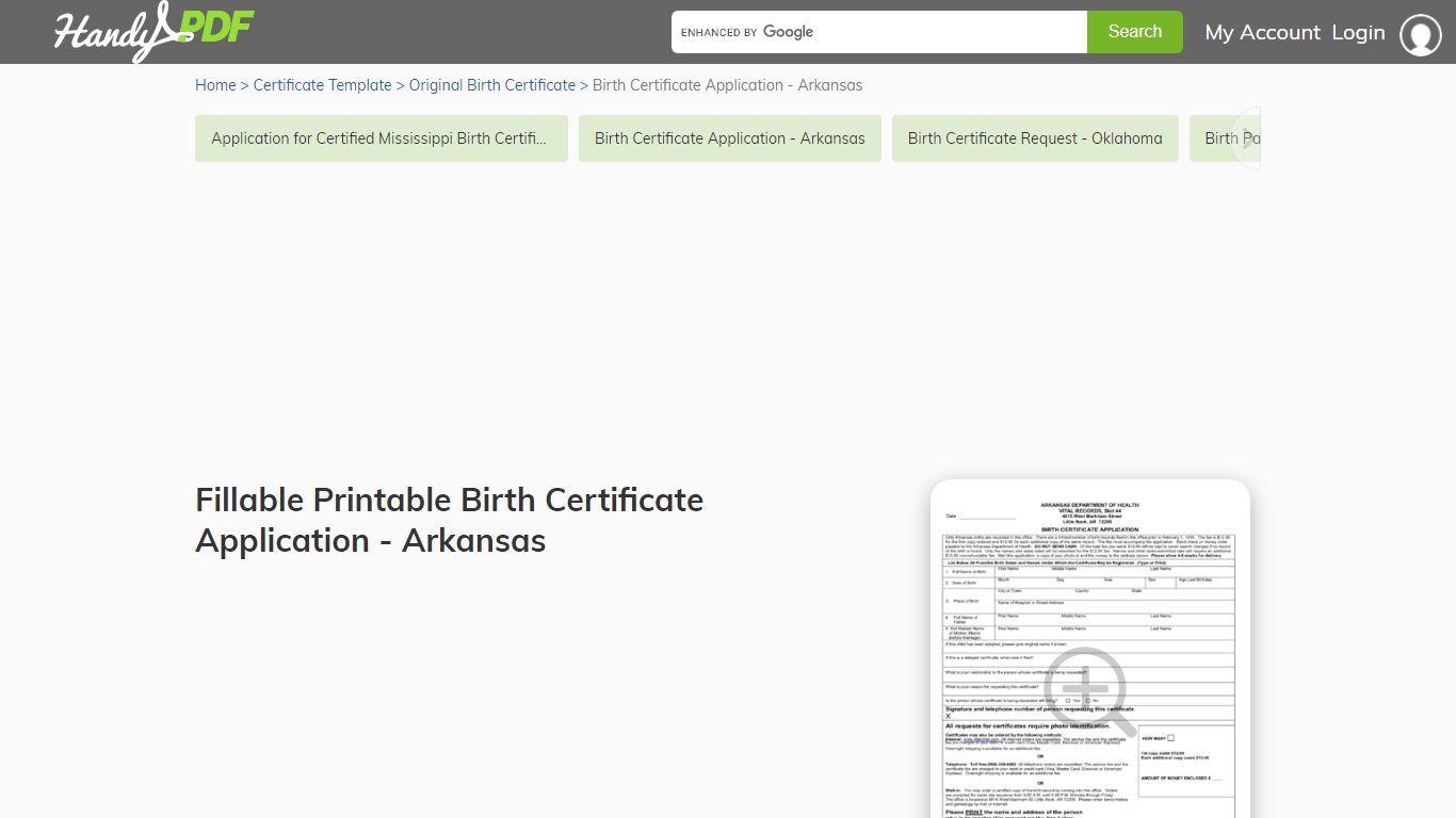 Fillable Printable Birth Certificate Application - Arkansas - HandyPDF