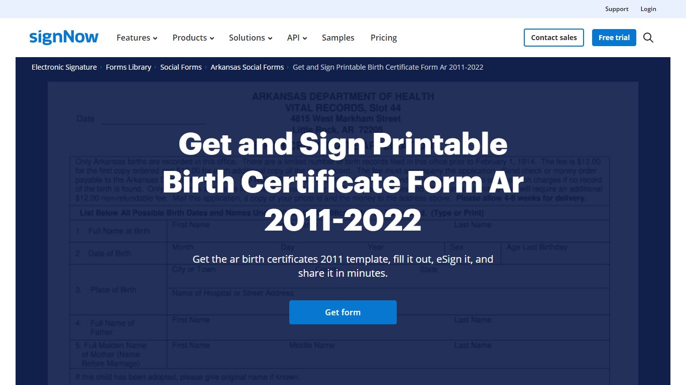Get and Sign Printable Birth Certificate Form Ar 2011-2022